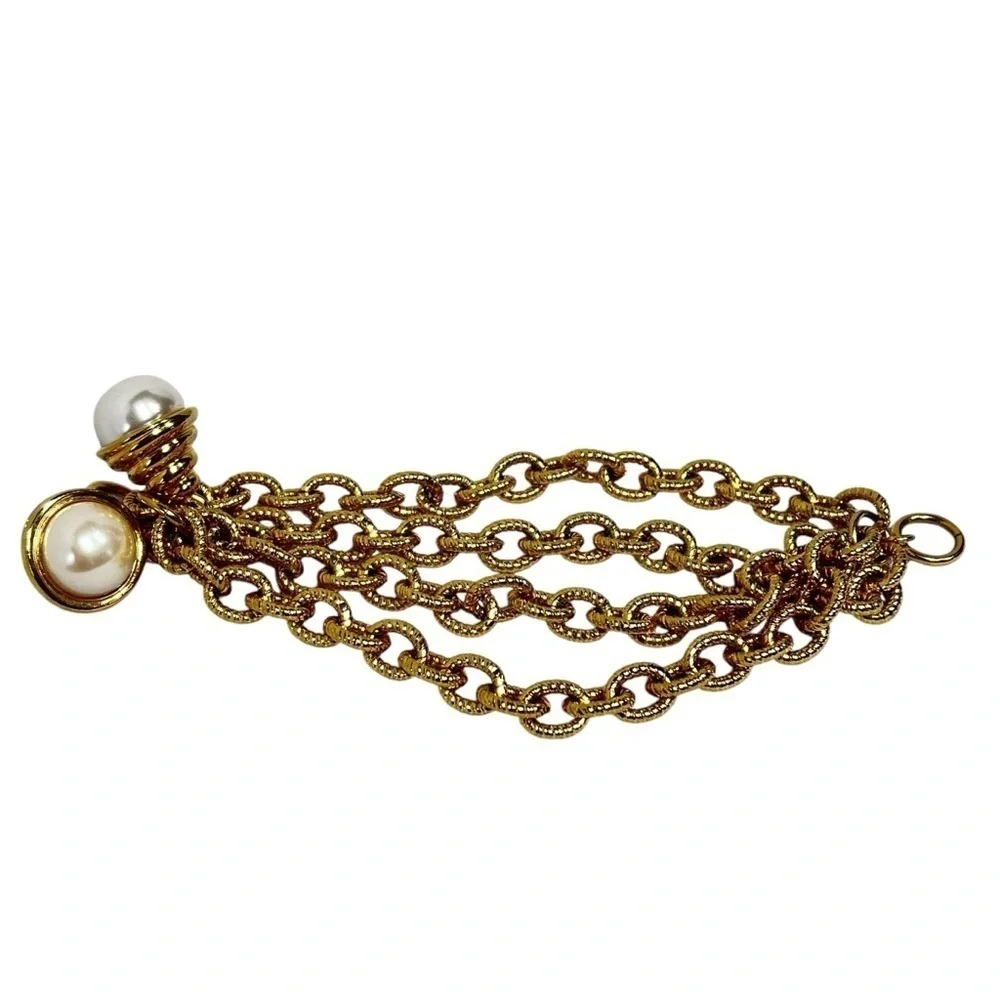 VINTAGE Gold-tone Chunky Chains Faux Pearls Elegant Dangle Bracelet